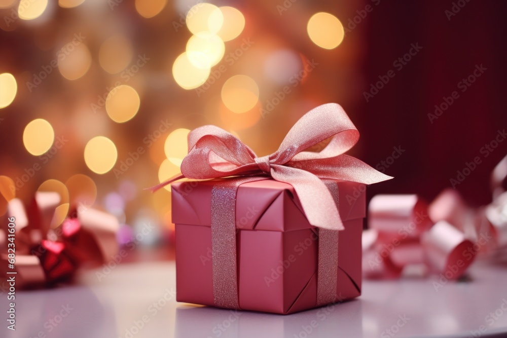 a red gift box with a pink bow sitting on a table in front of a blurry christmas tree with lights in the backgrould of the background. a red gift box with a pink bow sitting on a table in front of a blurry christmas tree with lights in the backgrould of the background.