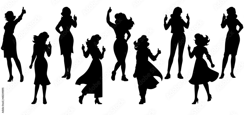 Stylish silhouette vector set of praising ladies