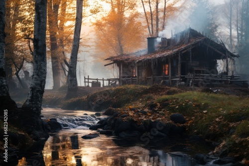  a cabin in the woods with a stream running through the foreground and trees in the background, with smoke coming from the roof, and a stream running through the foreground.