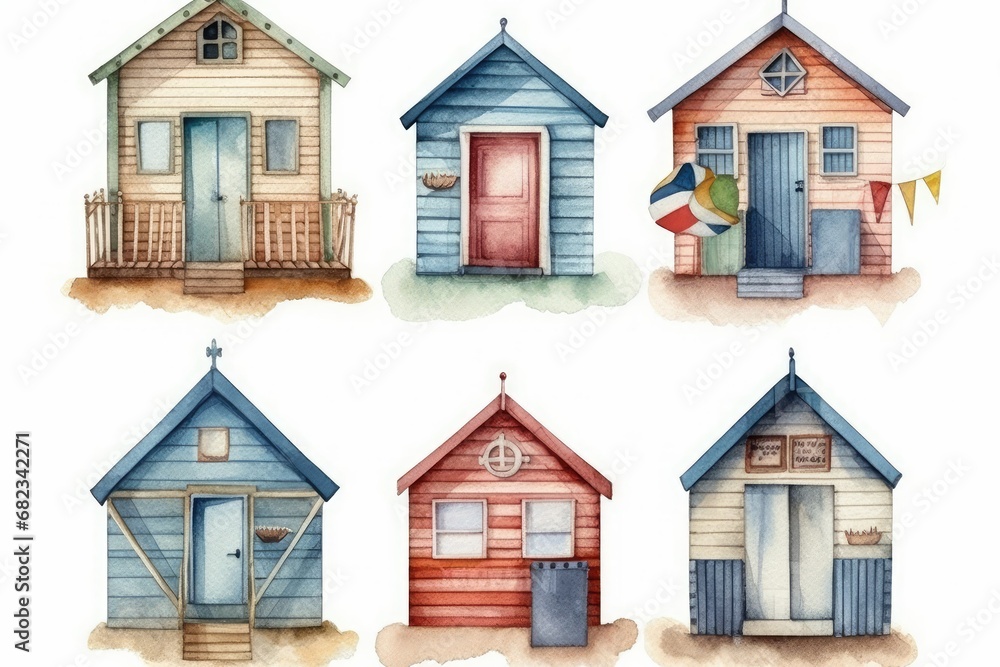other magnet sticker, decorations, wall postcards, Illustration houses beach wooden set watercolor