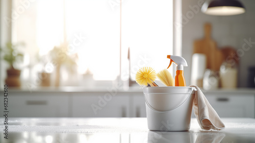 Washing brush and spray set in the bucket with copy space for text photo