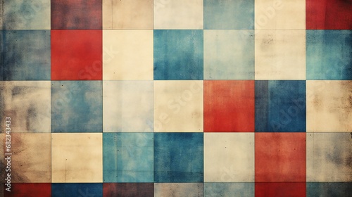 Vintage Patchwork Canvas: A Time-Worn Tapestry of Red, White, and Blue Squares in Artful Disarray © Jahid