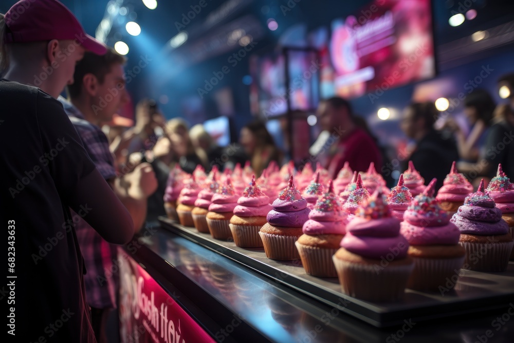  a row of cupcakes with pink frosting and sprinkles on them on a table in front of a crowd of people at a sporting event. - obrazy, fototapety, plakaty 