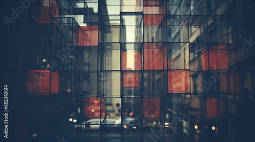 Urban Labyrinth: Mysterious Red Cubes Hovering in a Grid Over the Bustling City Streets at Twilight