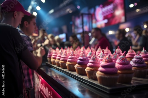  a row of cupcakes with pink frosting and sprinkles on them on a table in front of a crowd of people at a sporting event.