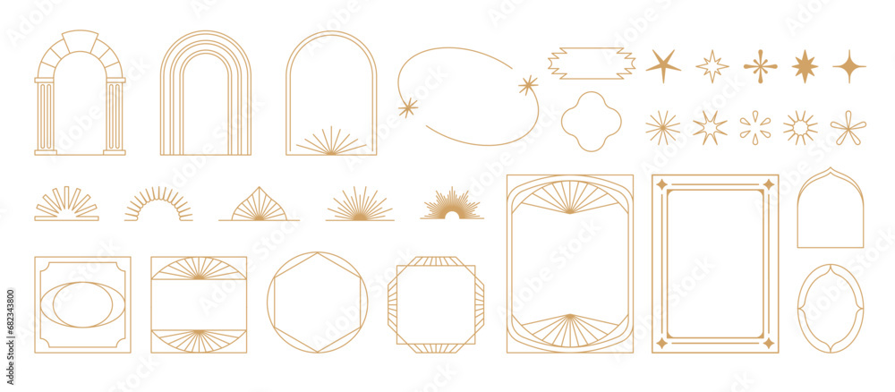 Vector set of design elements and illustrations in simple linear style - boho arch and border logo design elements and frames for social media stories and posts - obrazy, fototapety, plakaty 