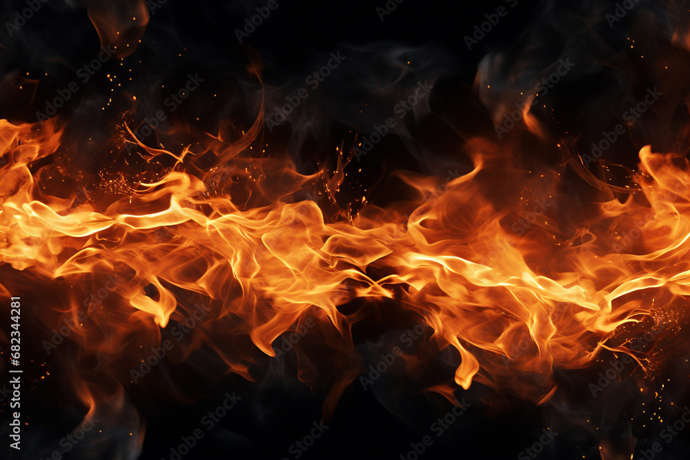 The effect graphic horizontal wallpaper banner of strongly hot fire flame on black background. Generative AI. The effect graphic horizontal wallpaper banner of strongly hot fire flame on black background. Generative AI.