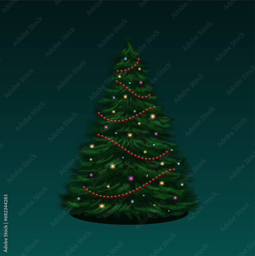 Christmas tree with colorful lights. Christmas tree painted with a brush