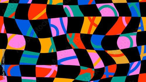 Colorful groovy liquid background. Abstract retro aesthetic 60s, 70s, 80s vector illustration. Checkered background with distorted squares. Hand drawn patchwork pattern