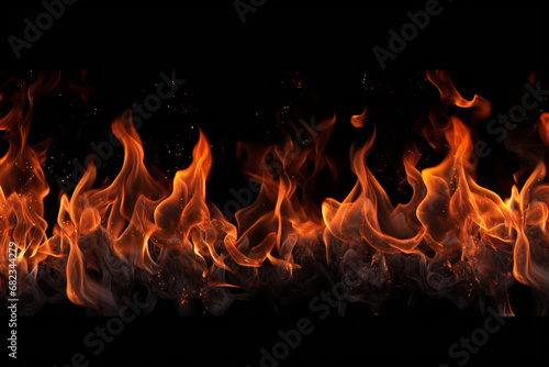 The effect graphic horizontal wallpaper banner of strongly hot fire flame on black background. Generative AI. © Surachetsh