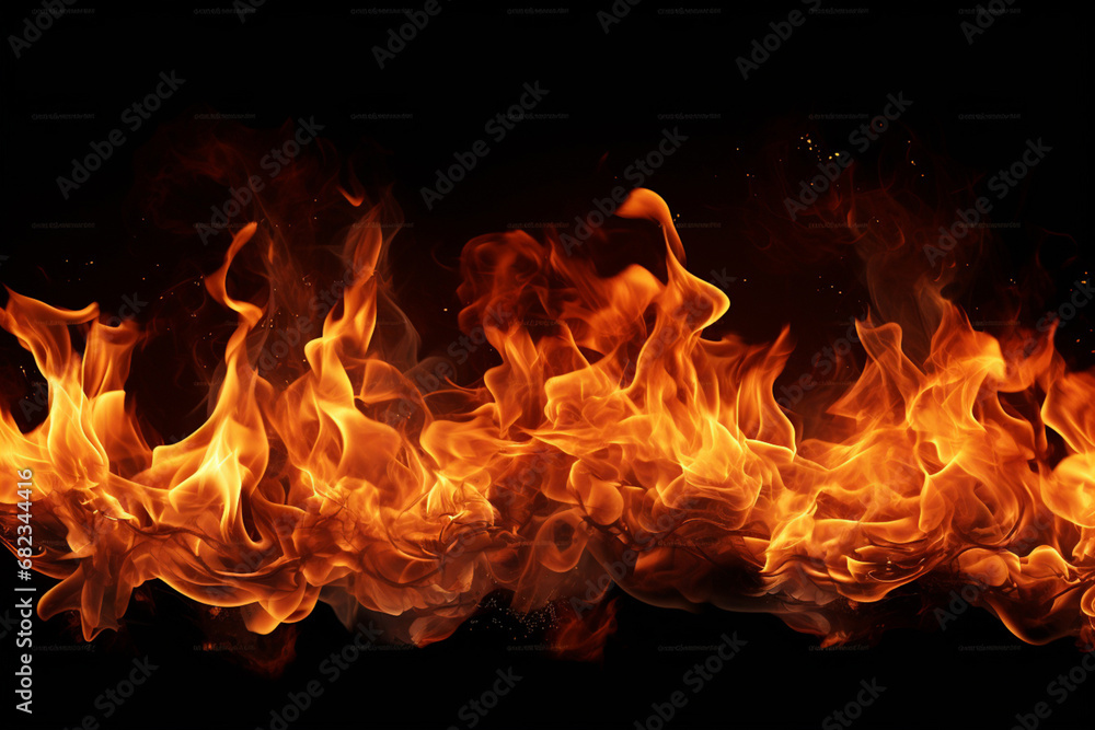 The effect graphic horizontal wallpaper banner of strongly hot fire flame on black background. Generative AI. The effect graphic horizontal wallpaper banner of strongly hot fire flame on black background. Generative AI.
