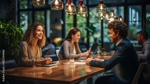 Office colleagues having casual discussion during meeting in conference room. Group of men and women sitting in conference room and smiling.