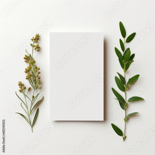 Blank white sheet of paper with plant branches  mockup  minimalism.