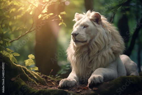 Leão branco majestoso selvagem na sombra da floresta verde - Papel de parede