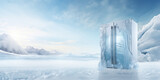 frozen fridge stands on ice in Antarctica, advertise banner concept background with space for text
