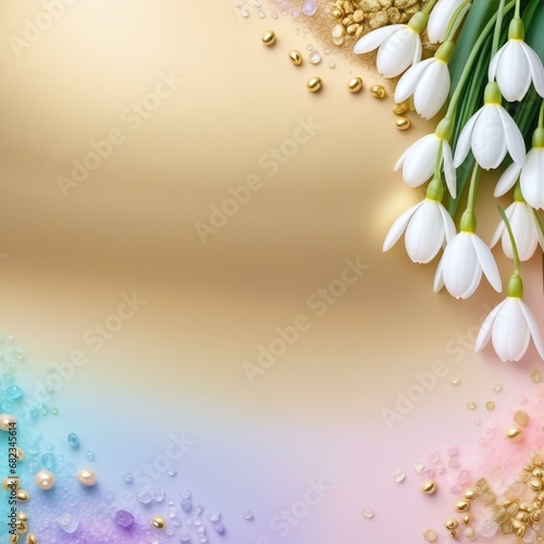 Snowdrop Elegance: Gold and Pastel Background with Delicate Jewelry Accents