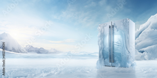 frozen fridge stands on ice in Antarctica, advertise banner concept background with space for text photo