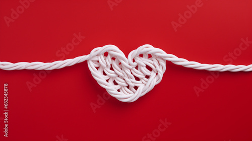 White rope heart shape on red background. 