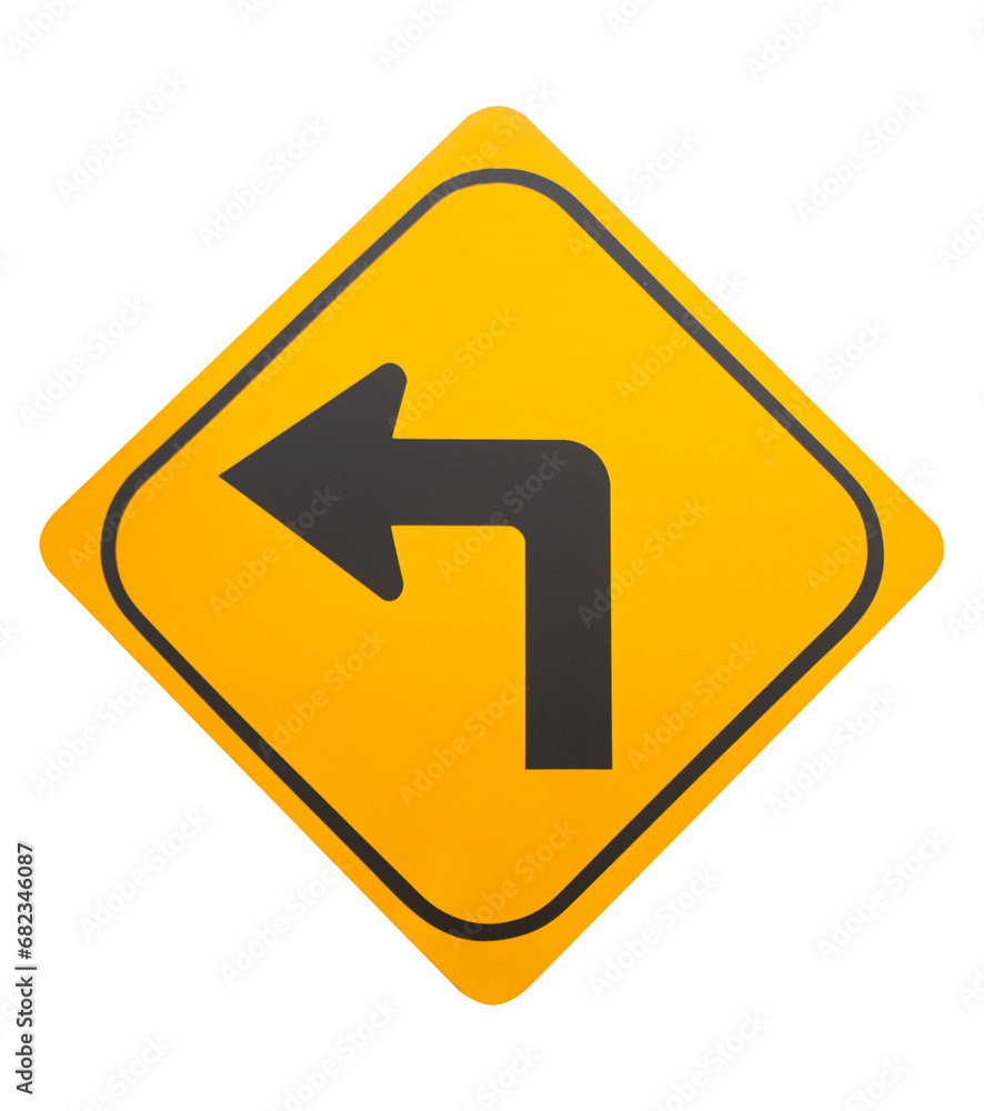 Turn left yellow road sign on isolated background. Turn left yellow road sign on isolated background.