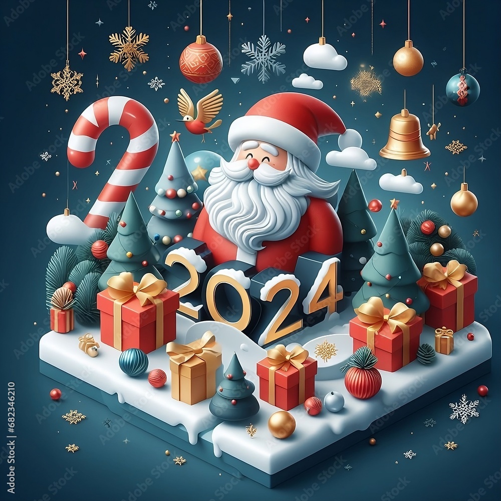 3D santa clause 2024 new year celebration with Happy new year 2024
