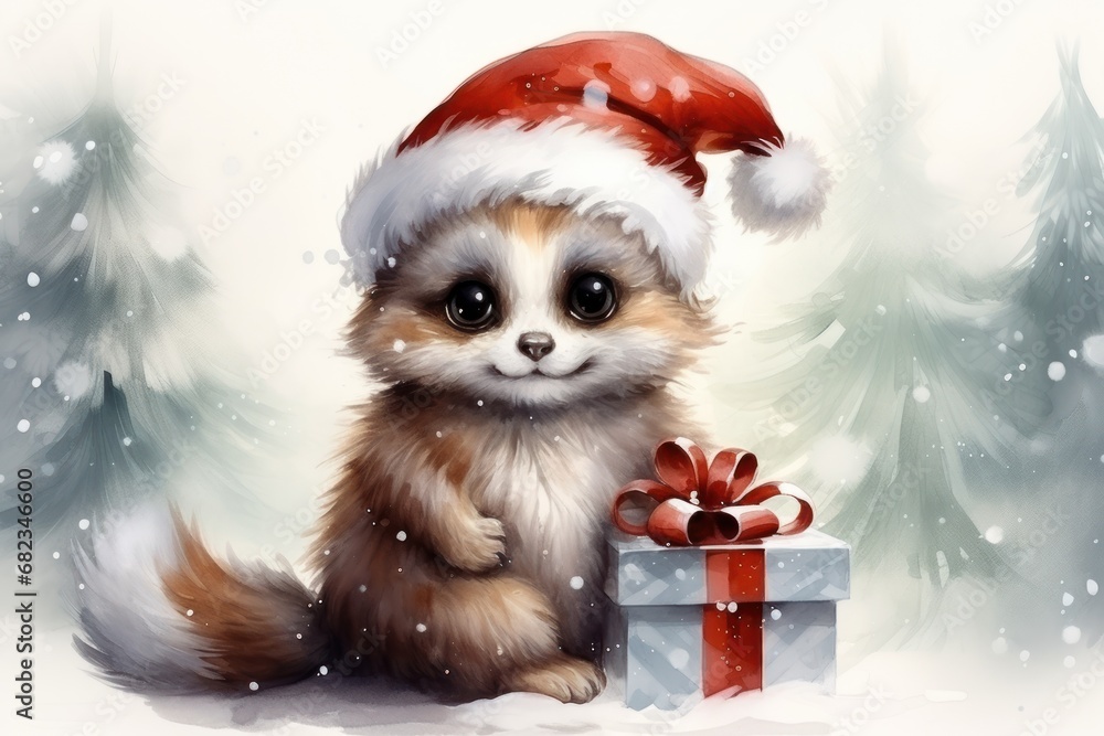 a painting of a small dog wearing a santa hat and holding a present in front of a snowy background with pine trees and a christmas hat on it's head. a painting of a small dog wearing a santa hat and holding a present in front of a snowy background with pine trees and a christmas hat on it's head.