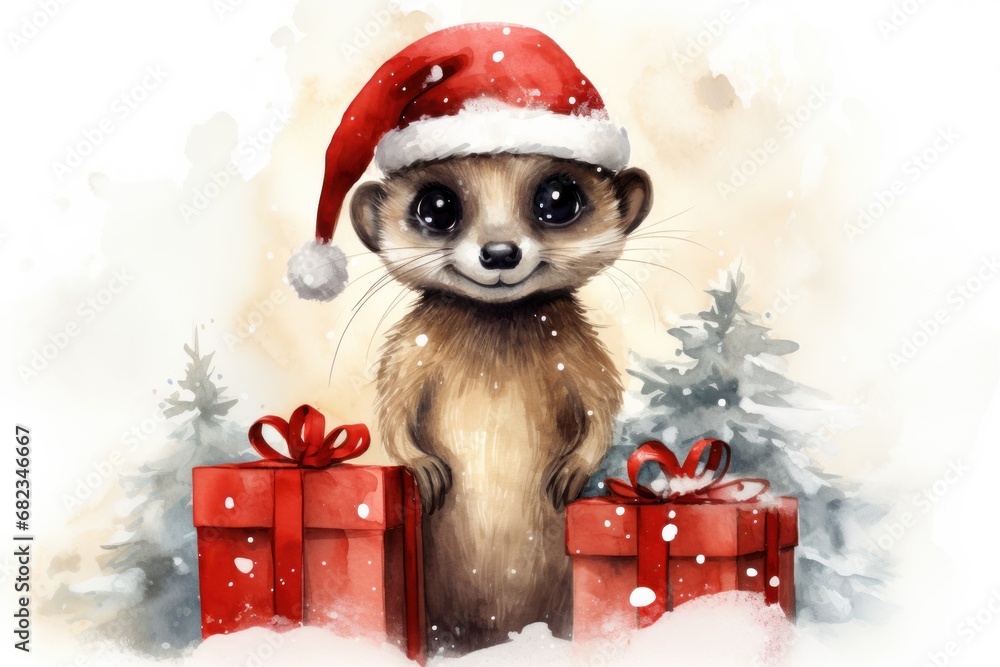 a watercolor painting of a meerkat wearing a santa hat and holding two presents in front of a christmas tree with snow falling down on the ground behind it. a watercolor painting of a meerkat wearing a santa hat and holding two presents in front of a christmas tree with snow falling down on the ground behind it.