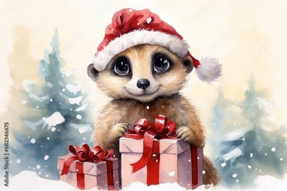 a painting of a baby meerkat wearing a santa hat and holding two wrapped presents in front of a snowy scene with evergreens and pine trees in the background. a painting of a baby meerkat wearing a santa hat and holding two wrapped presents in front of a snowy scene with evergreens and pine trees in the background.