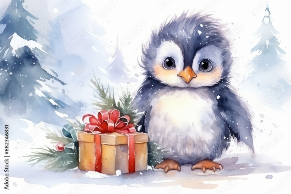 a watercolor painting of a penguin next to a christmas tree with a gift wrapped in a red ribbon and a pine cone with a red bow on it's feet. a watercolor painting of a penguin next to a christmas tree with a gift wrapped in a red ribbon and a pine cone with a red bow on it's feet.