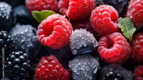 closeup frozen raspberries, blueberries, blackberry photo