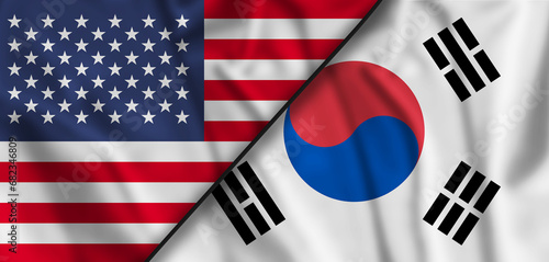 United States and South Korea two flags textile cloth, fabric texture photo