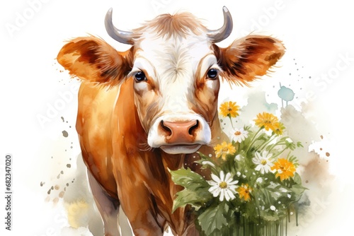  a watercolor painting of a brown and white cow next to a bouquet of daisies and daisies with a watercolor effect of the cow's face.