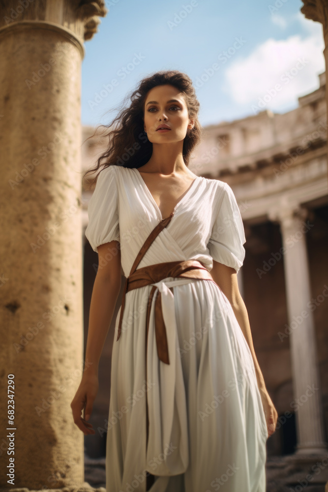 Beautiful woman wearing a white toga in ancient Roman style in middle of ruins of remains of a Roman temple