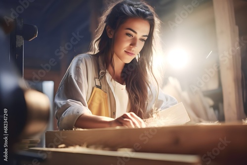 Young Caucasian female carpenter working in a woodworking workshop photo