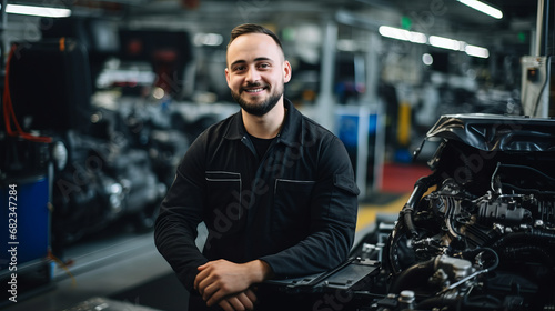 Portrait of a man worker posing in front of a car assembly line in automotive industry