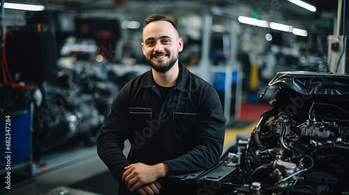 Portrait of a man worker posing in front of a car assembly line in automotive industry © Keitma