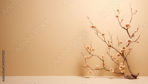 Beauty product display on beige background with dry flowers. Cosmetic Product showcase mockup template, studio shot