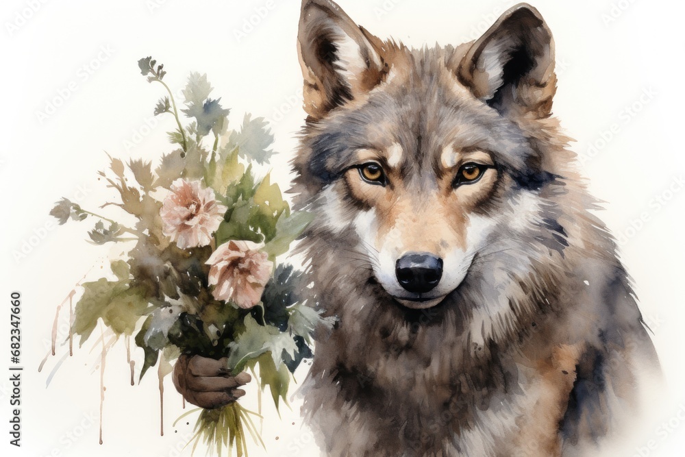  a painting of a wolf with a bouquet of flowers in it's hand next to a painting of a wolf with a bouquet of flowers in it's hand.