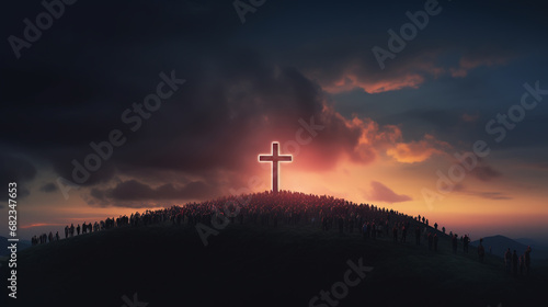 Persons walking to the safety of the Cross on a mountain