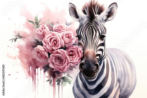  a painting of a zebra holding a bouquet of flowers in front of a watercolor painting of a zebra with pink roses on it s head and a white background.