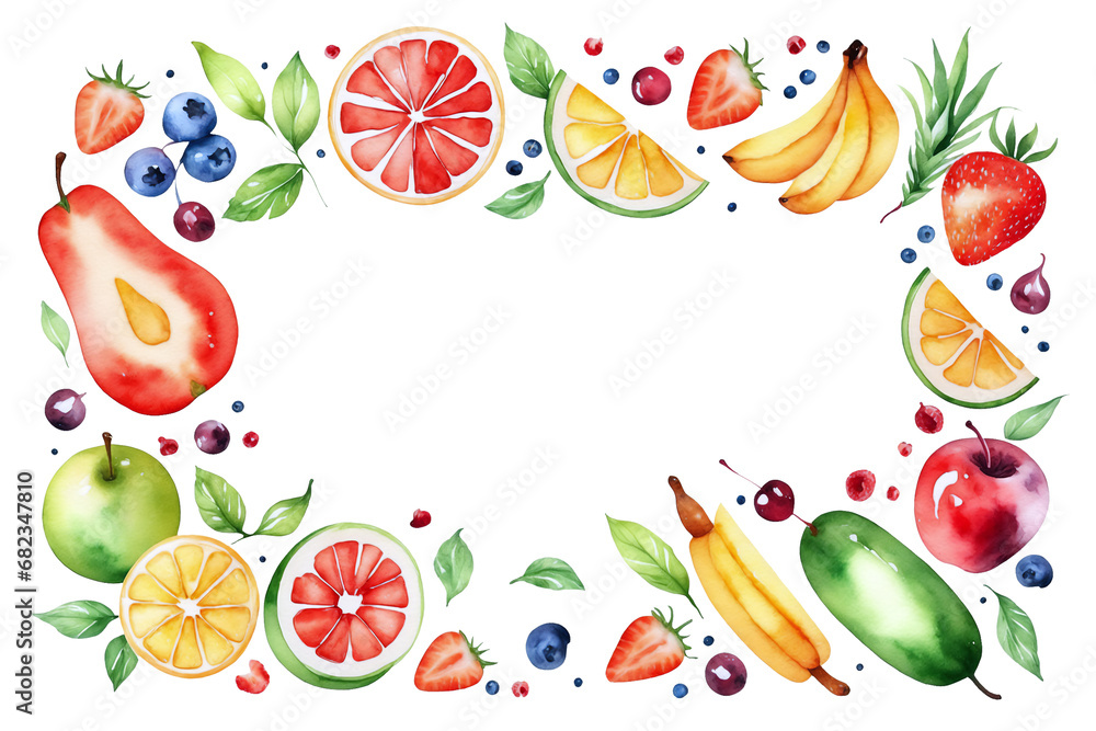 frame of watercolor fruits and tropical fruit page card template on transparent background - obrazy, fototapety, plakaty 