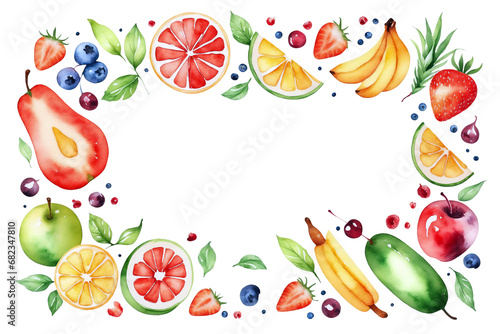 frame of watercolor fruits and tropical fruit page card template on transparent background © Krip