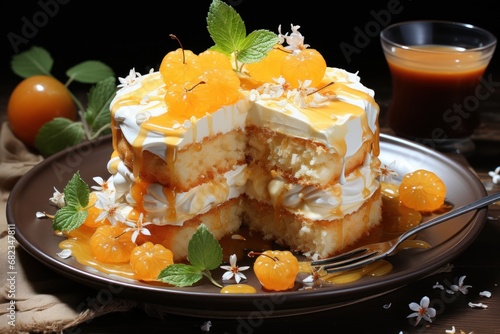  a piece of cake sitting on top of a plate next to a fork and a glass of orange juice on the side of the plate and another piece of cake on the plate.