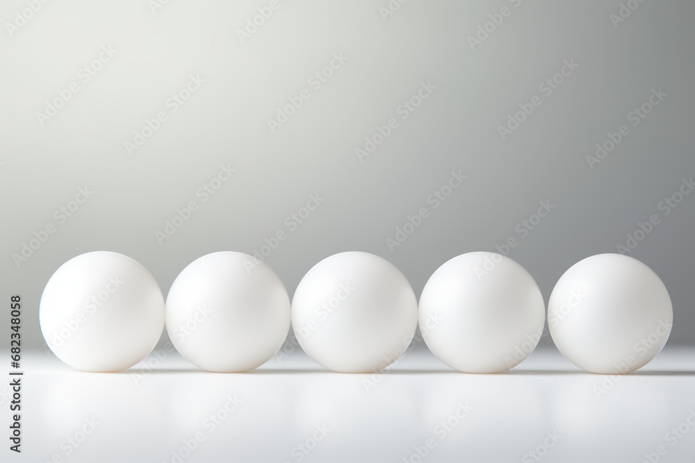  a row of white eggs sitting next to each other on top of a white table next to a gray and white wall with a light gray wall in the background.