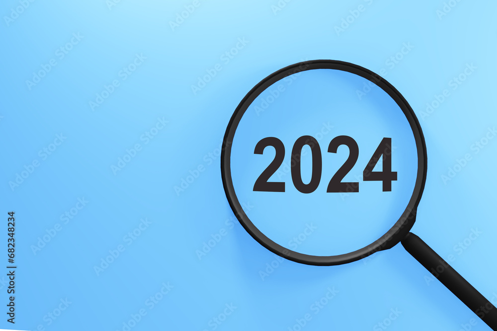 Magnifier glass with word numbers 2024 on blue table. Focused on business concept. Magnifier glass with word numbers 2024 on blue table. Focused on business concept.