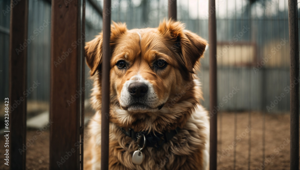 Stray dog sits behind bars in dog shelter and waiting an owner for adoption