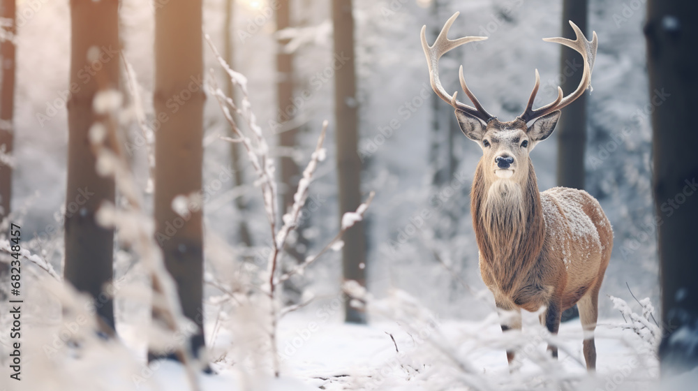 Straight on close up of a white-tailed deer standing in the snow Straight on close up of a white-tailed deer standing in the snow