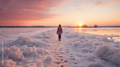 Cute preschool kid is playing on the ice of a frozen lake or river on a cold sunny winter. photo