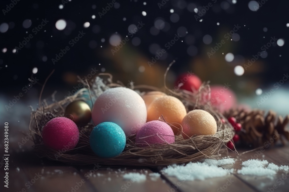 a group of eggs sitting in a nest on top of a table next to pine cones and a pine cone with a snow falling down on the top of it. a group of eggs sitting in a nest on top of a table next to pine cones and a pine cone with a snow falling down on the top of it.