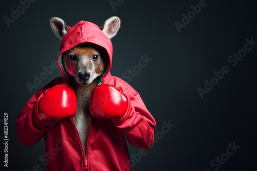 Portrait of a cool and funny kangaroo in hoodie and boxing gloves, Anthropomorphic animal character photo