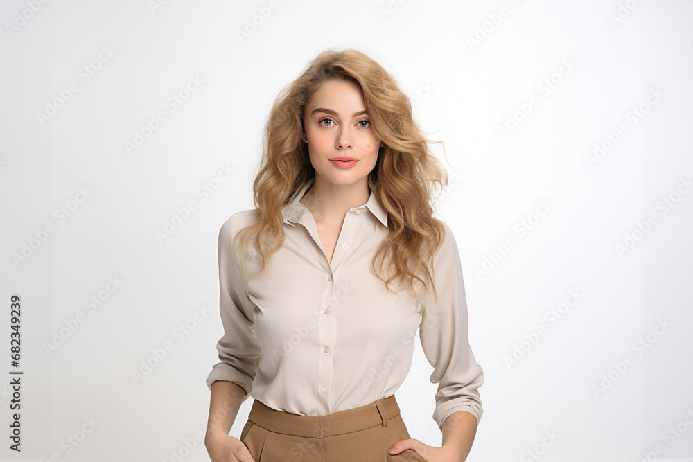 The portrait of an attractive business woman in a white shirt blouse and kaki brown pants with curly healthy blond or hazelnut brown hair while putting hands in pants pockets. Generative AI. The portrait of an attractive business woman in a white shirt blouse and kaki brown pants with curly healthy blond or hazelnut brown hair while putting hands in pants pockets. Generative AI.